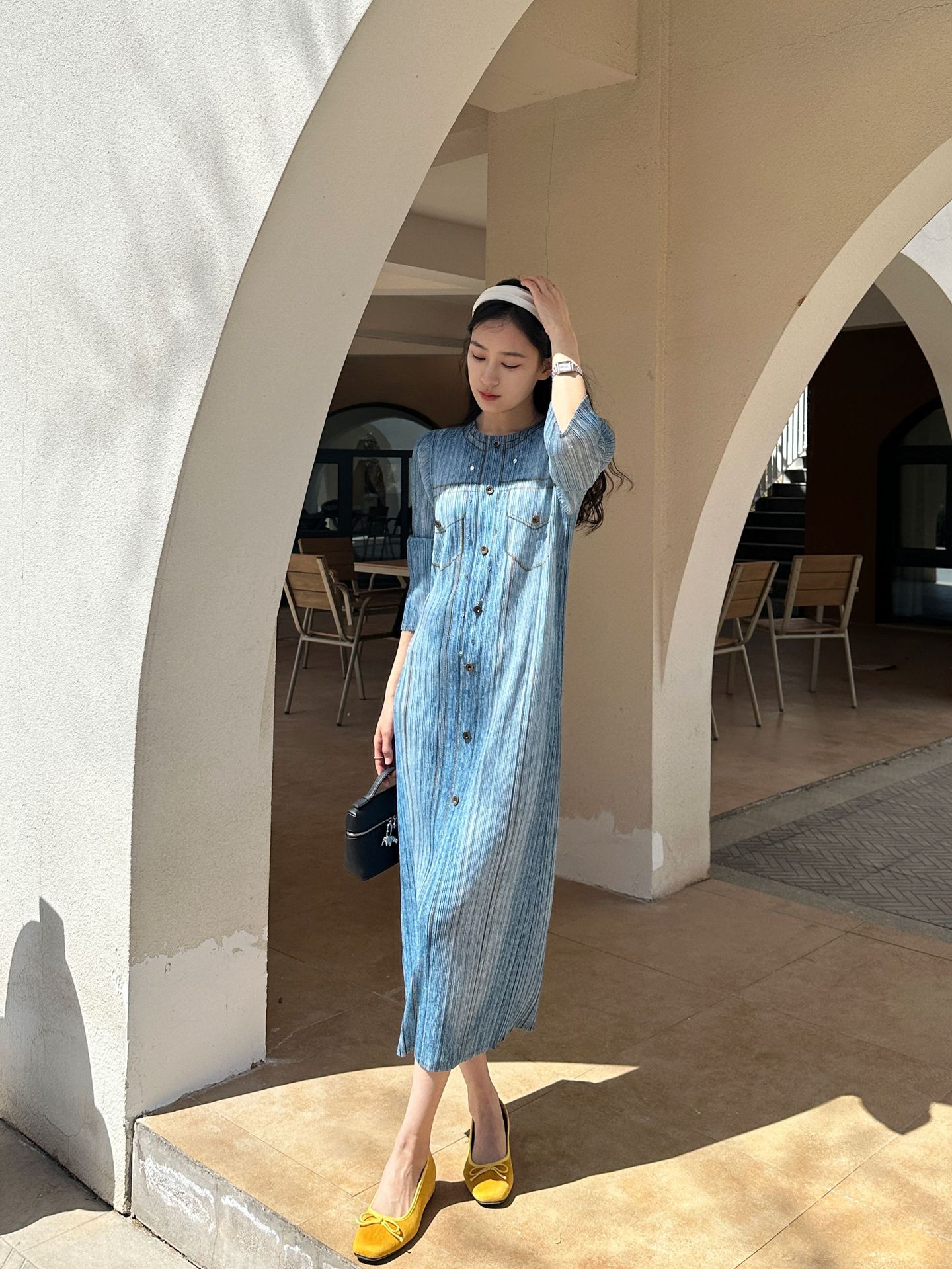 HX240 Pleated dress imitation denim retro straight long skirt plus size women's clothing cover the flesh and show thin vest skirt