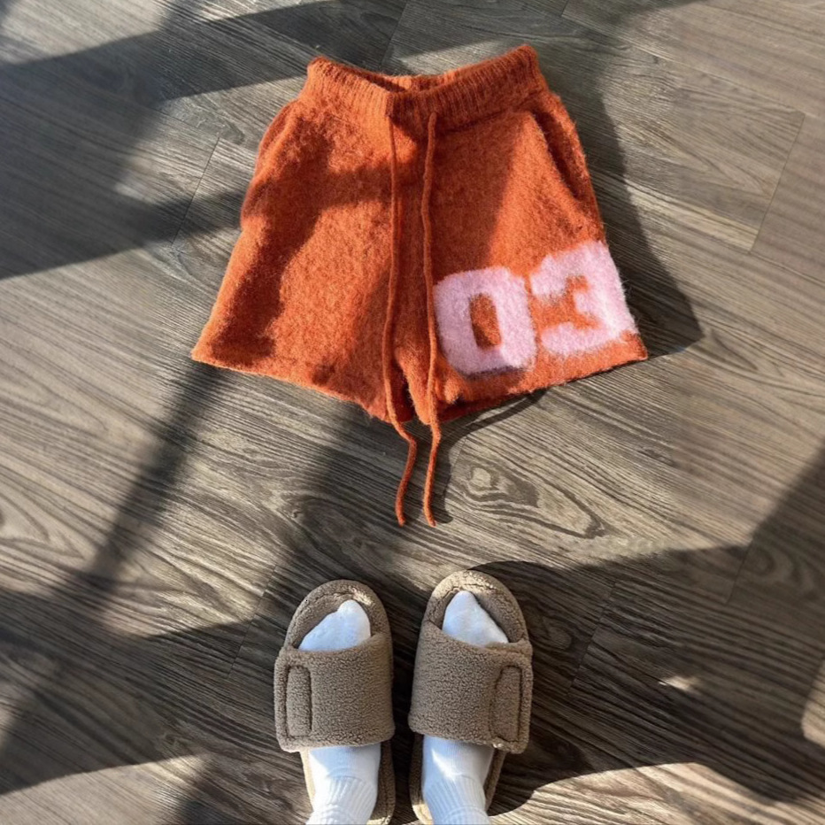 American style niche autumn and winter girl casual furry high street No.03 Korean style mens and womens loose knit drawstring shorts 250508