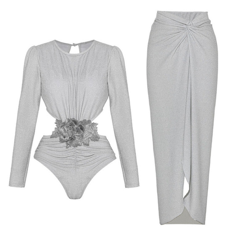 Silver shiny one-piece swimsuit set with womens long sleeves and hollow out design simple and high-end swimsuit style 250314