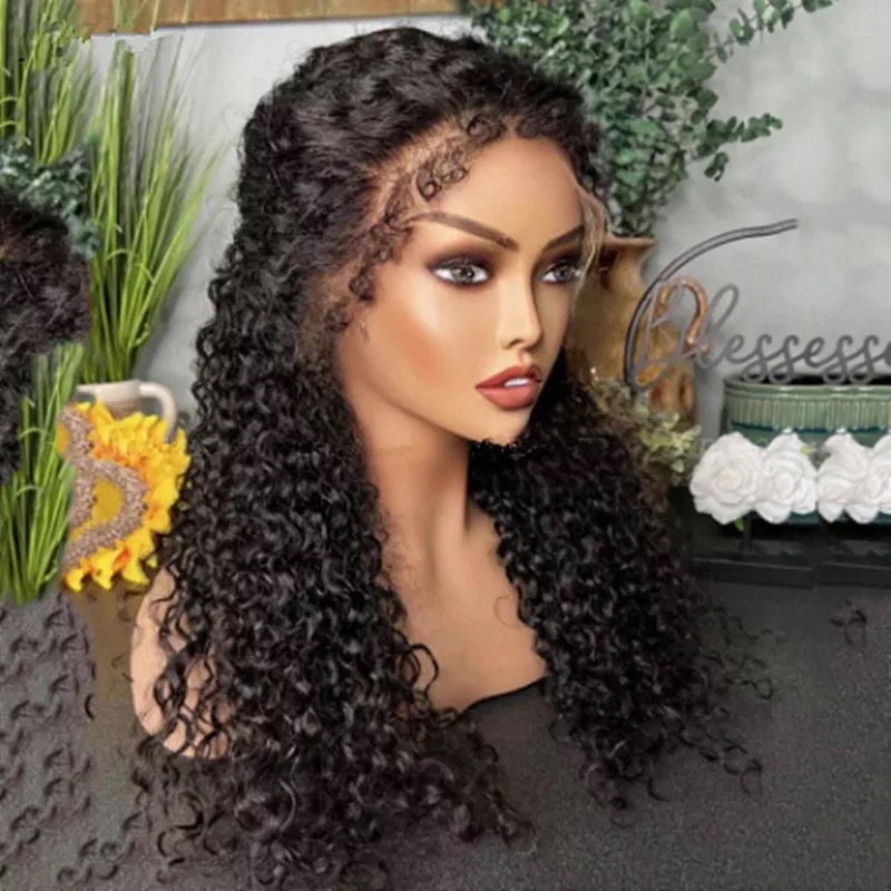 wig New black split wig tube wrapped small curly hair wig front lace synthetic headband