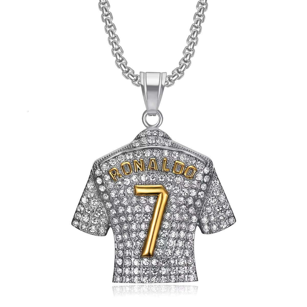 Hot Sale Hip Hop Men Necklace Jewelry Stainless Steel Gold Diamond C Ronaldo No. 7 Jersey Pendant Necklace for Gift