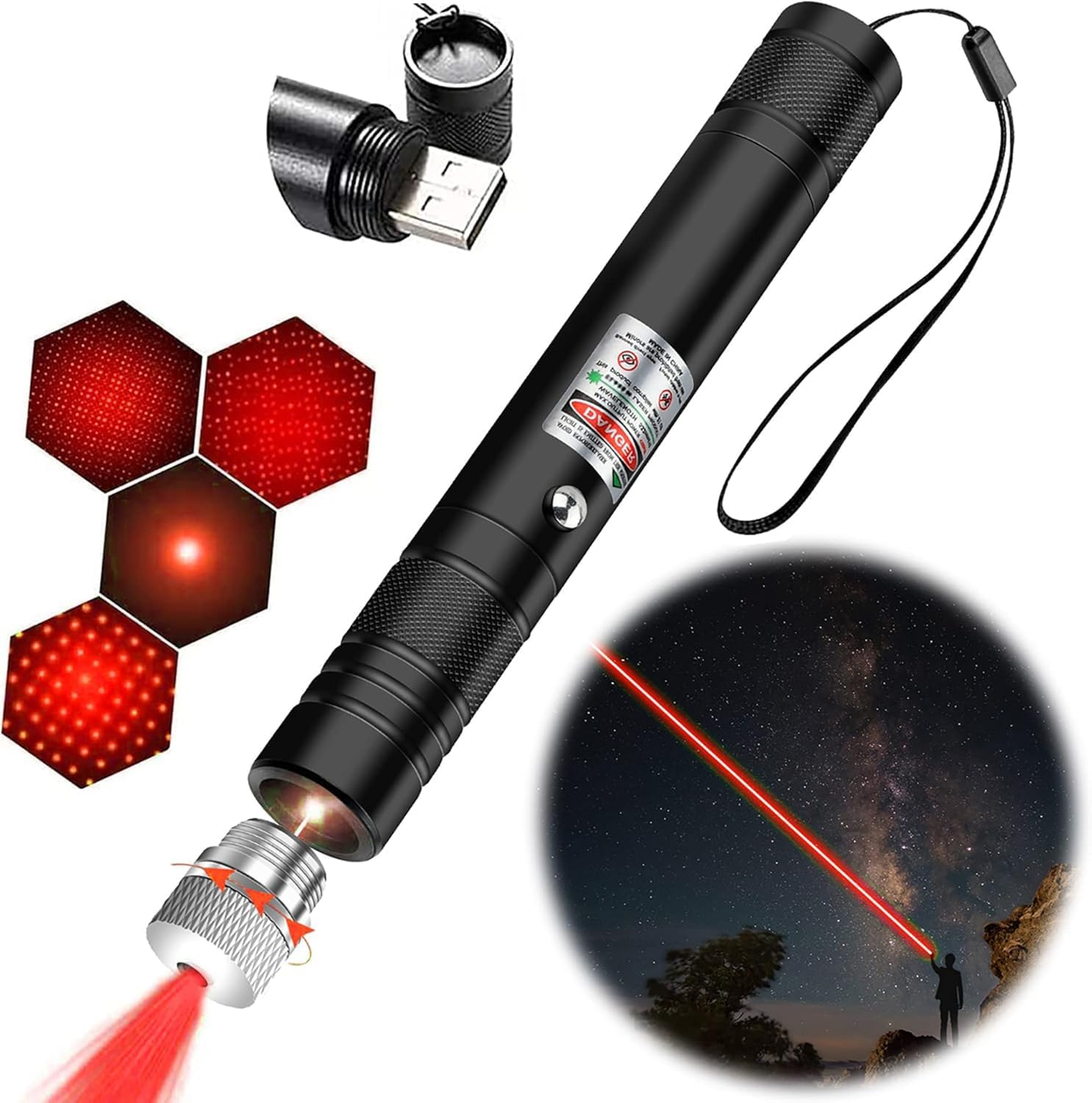 Laser Pointer High Power Rechargeable Lazer Pointer, Laser Pen with Long Range Adjustable Focus with Star Cap, Astronomy, Cats Dogs (Red)