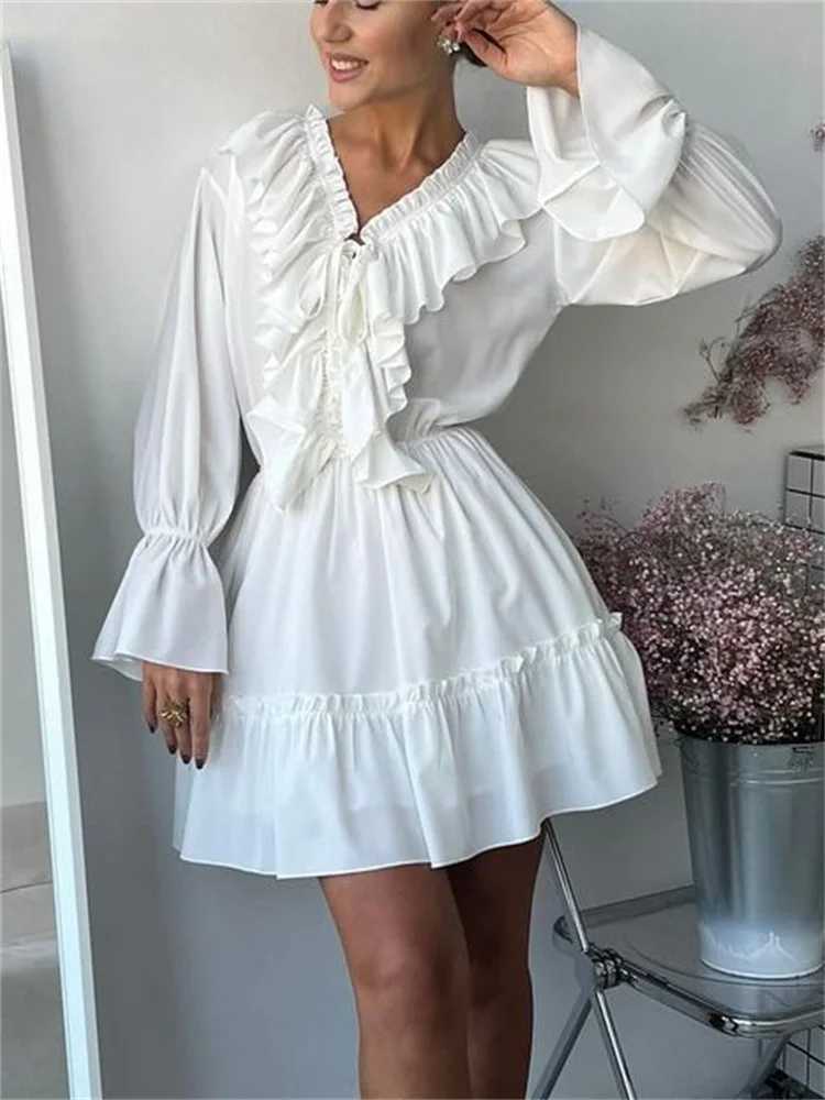 Tossy Ruffled V-Neck White Mini Dress Female Patchwork Long Sleeve Elegant Bandage Fashion Dress High Waist Lace-Up Women Dress M250623