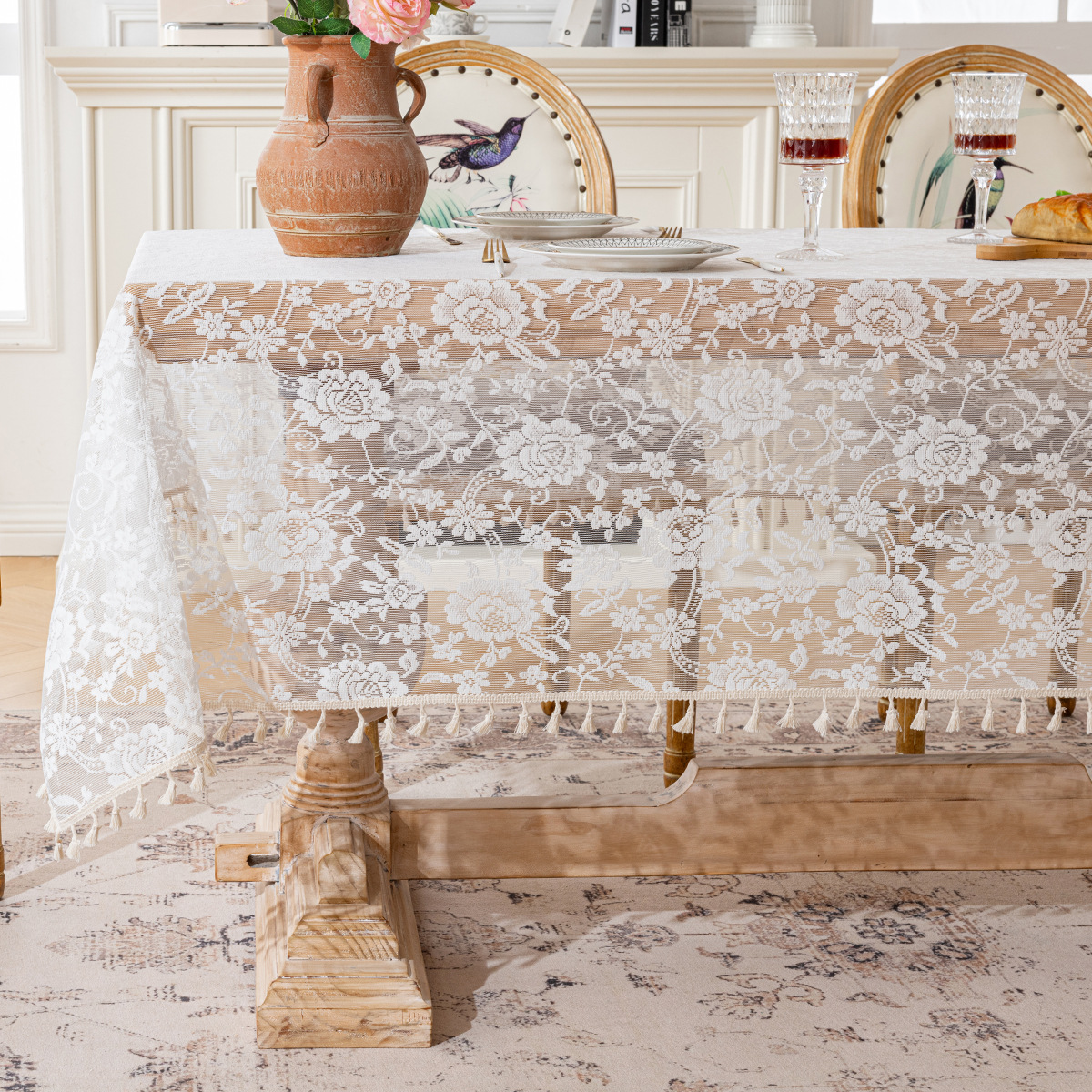 XX0372 French rose lace tablecloth light luxury high-end rectangular tablecloth non-slip coffee table wedding decoration cover cloth