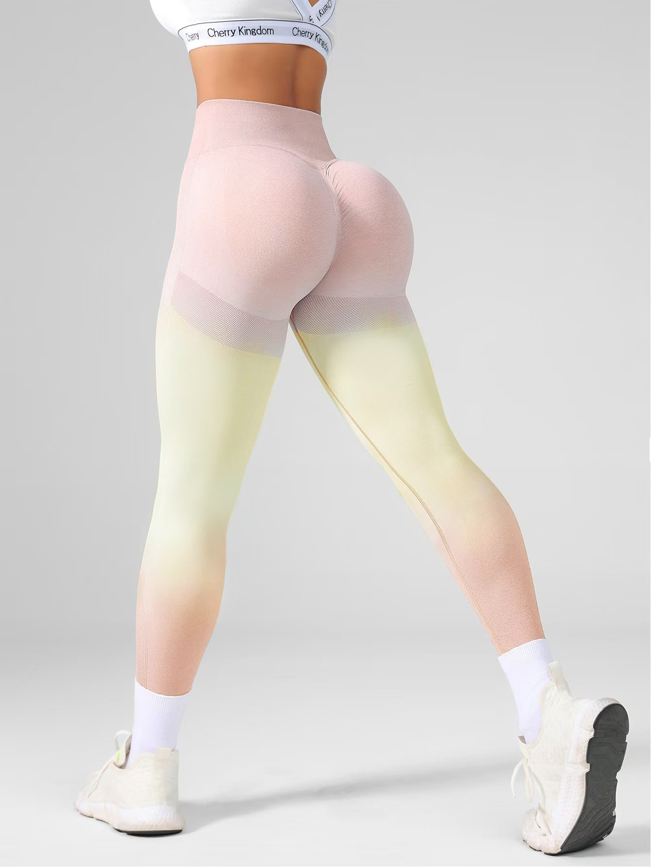 Yoga with no awkward lines, gradient belly hugging peach hip pants, women's quick drying high waisted nude sports pants