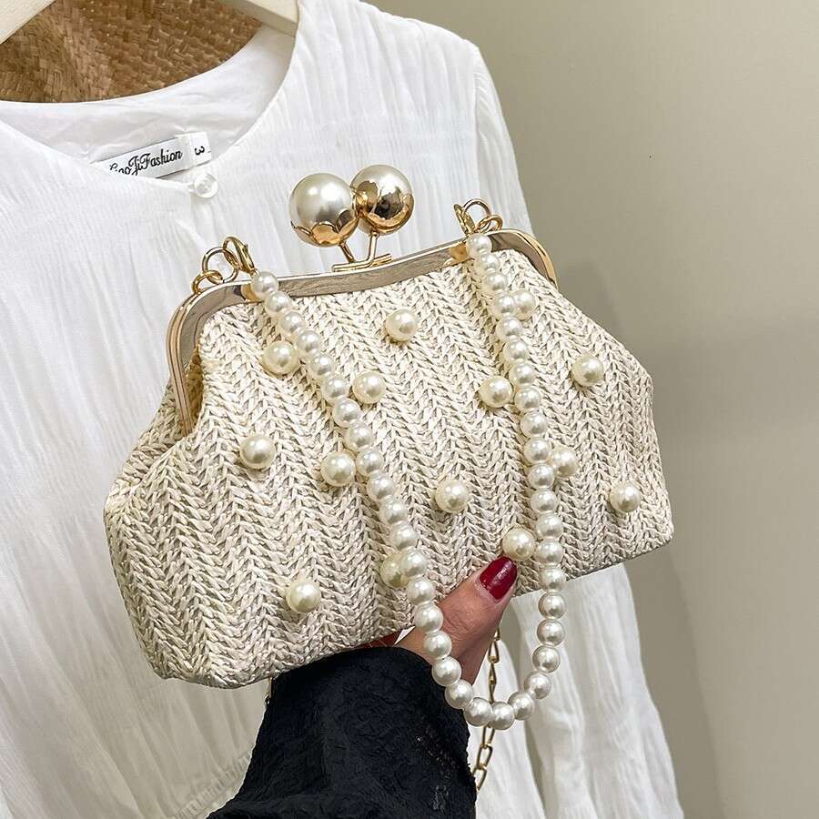 Dinner Bag Spring Summer New Fashion Straw Handheld Pearl Single Shoulder Crossbody Ins Girl Simple Banquet Bag KQ