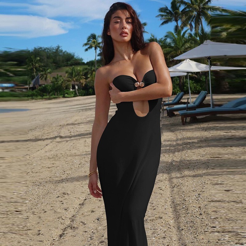 Hot selling new sexy patchwork hook buckle hollow out long solid color lady style wrapped chest dress for women
