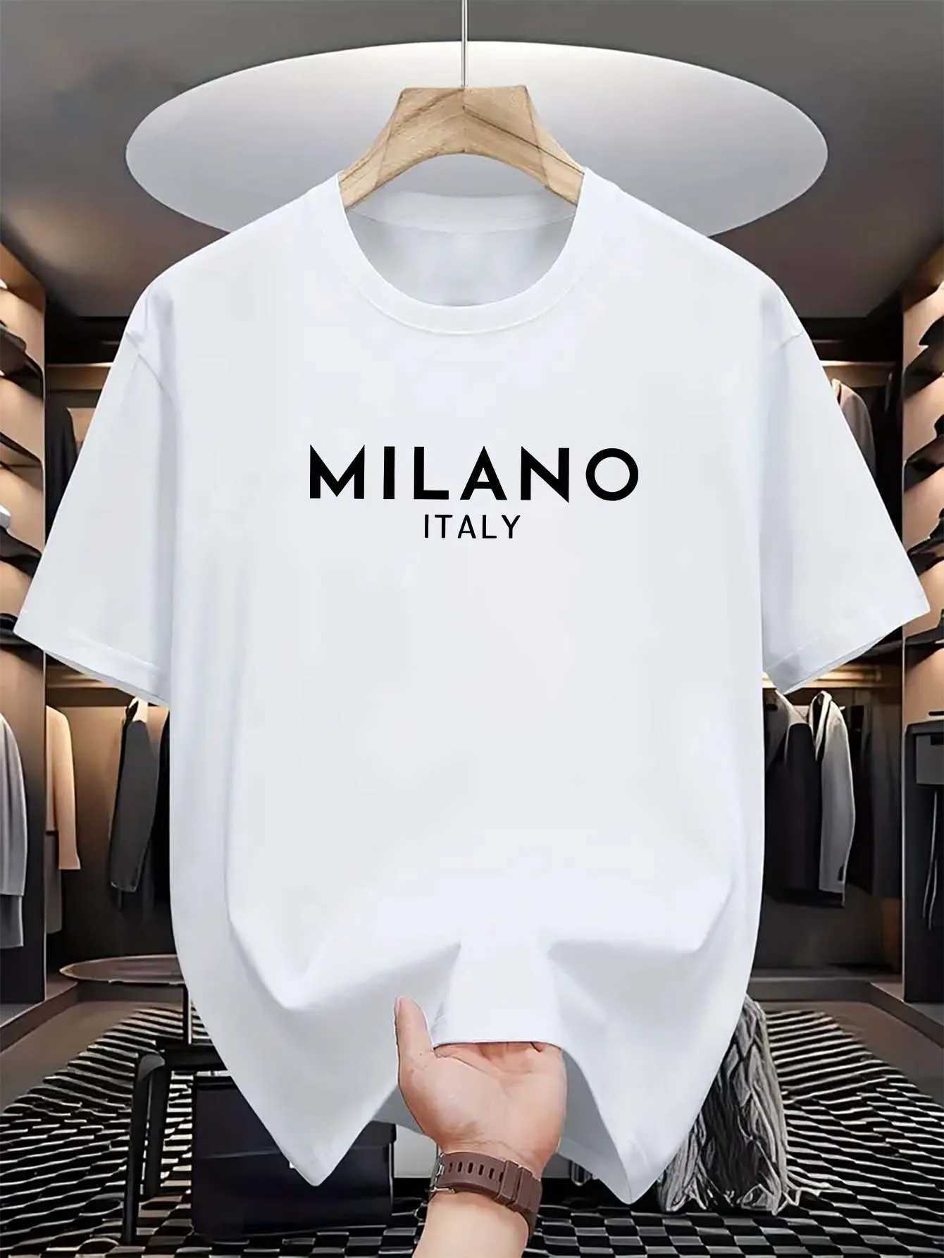 Summer mens 100% pure cotton casual loose and fashionable MILANO ITALY letter printed round neck short sleeved T-shirt topT250509