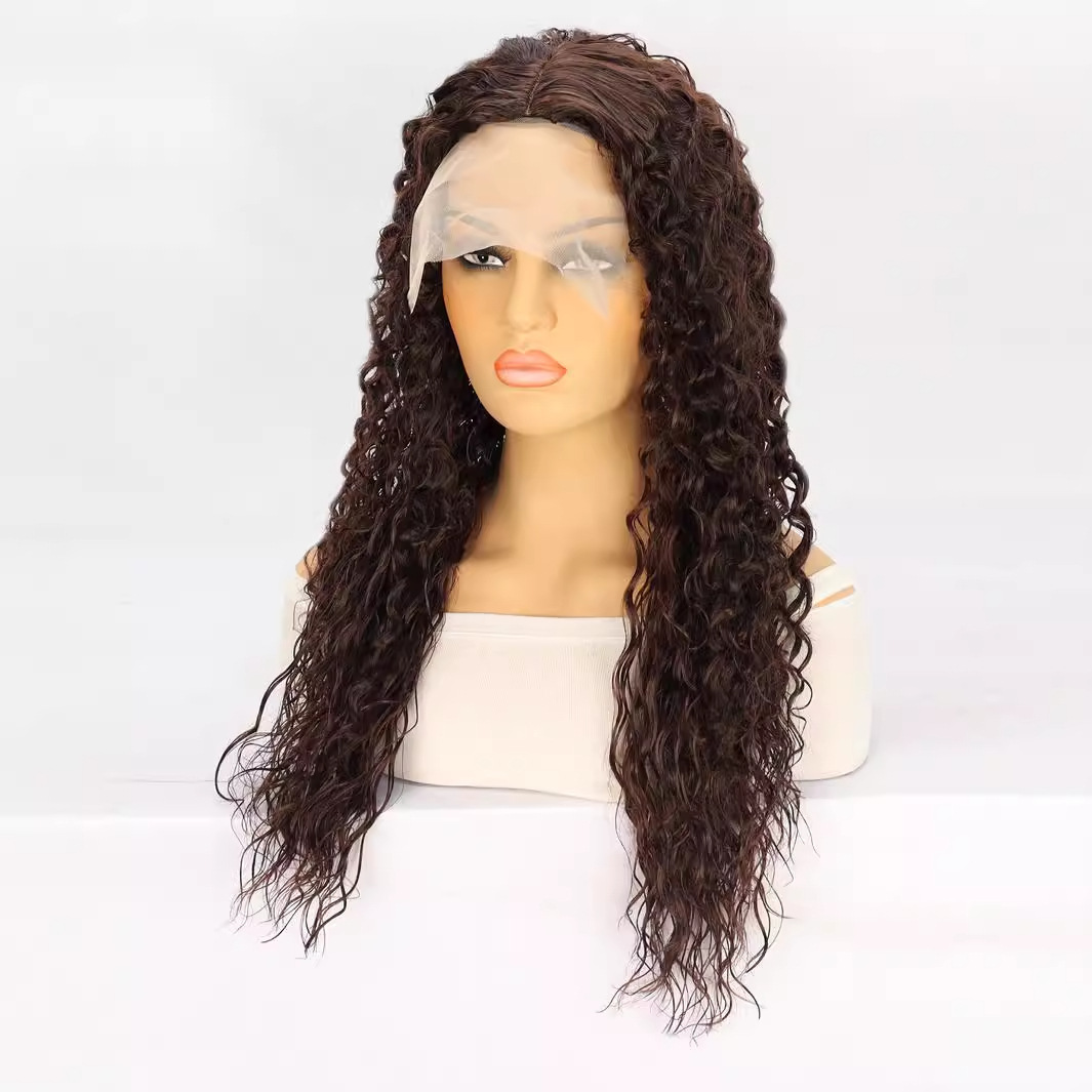 womens Wig lace synthetic headband brown medium length curly hair small curly hair