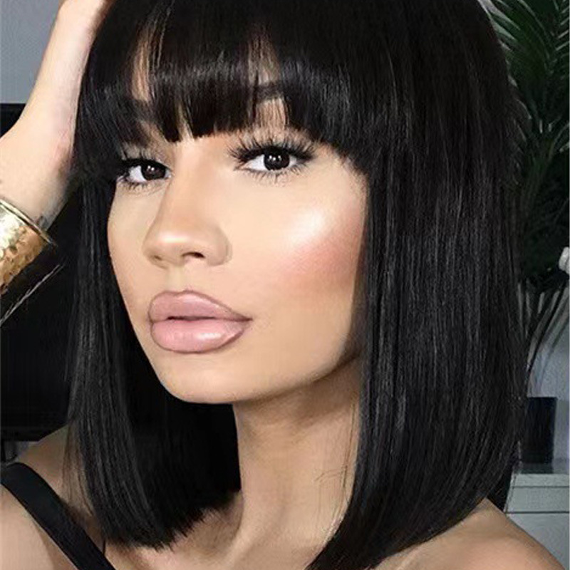 wig Womens short hair BoBo hairstyle bangs short straight hair high temperature silk synthetic rose mesh head cover