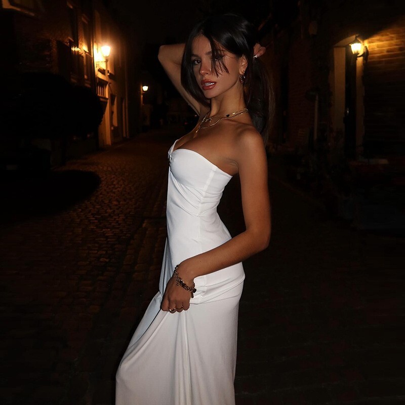Hot selling new sexy patchwork hook buckle hollow out long solid color lady style wrapped chest dress for women