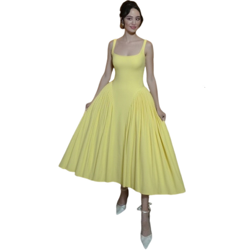 2025 Summer New long Dresses for Womens Clothing Elegant Temperament High Waist Slim Fit Solid Color Square Neck Suspender Dress