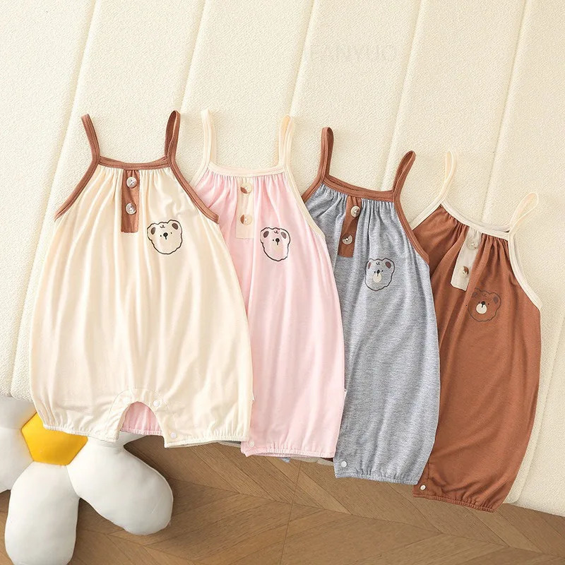 Summer Fashion Cute Baby Sling Double Button Vest Rompers Cartoon Bear Boy Girl Kids Crawling Clothes Soft Toddler Bodysuits 250508