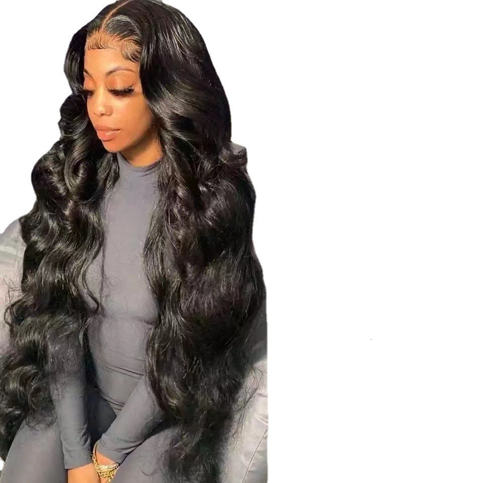 Female Wig Black Medium Split Large Wave Long Curled Front Lace Natural Fluffy Curly Full Headset
