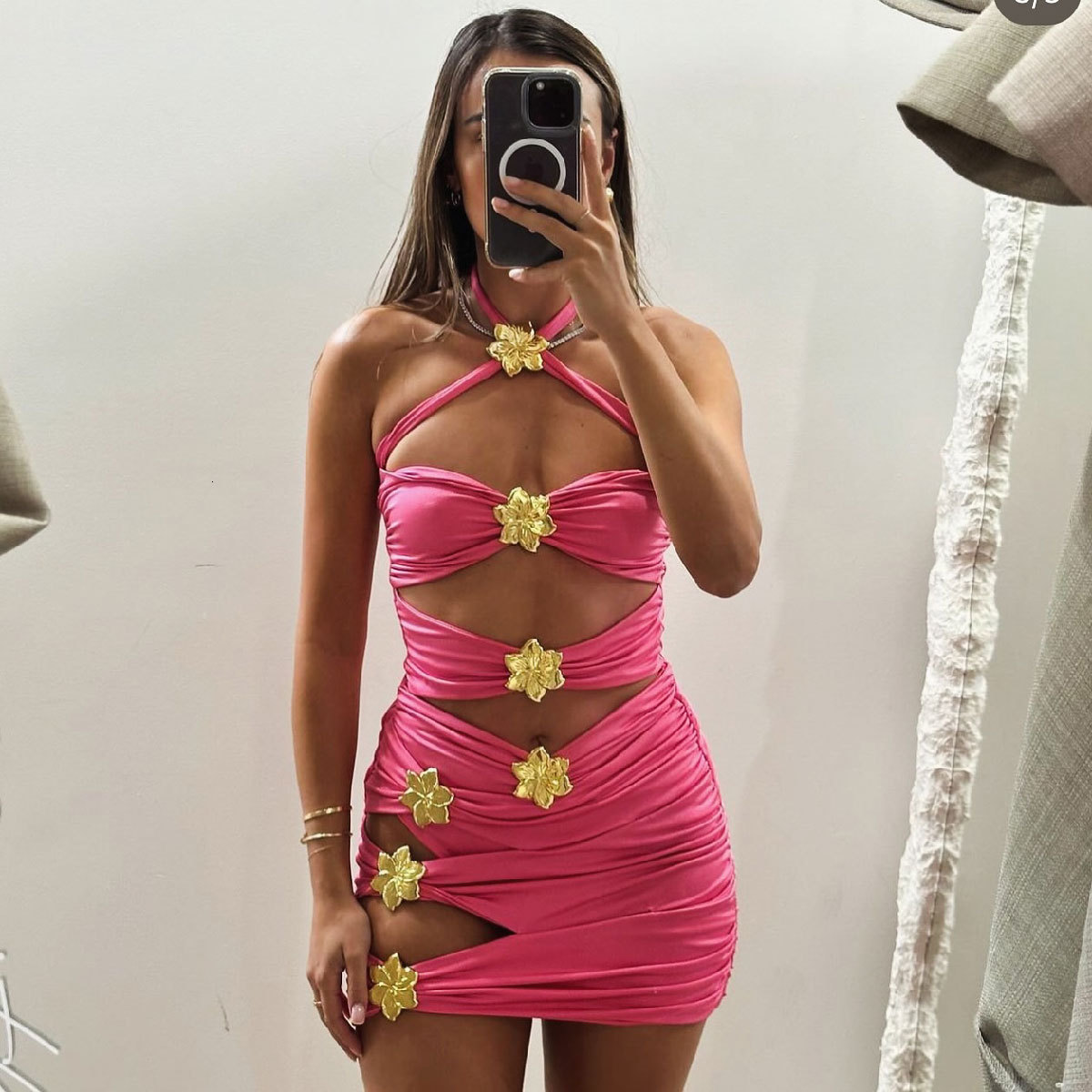Solid color one-piece swimsuit for women 2025 short skirt two-piece set with hollowed out strapless swimsuit 250422