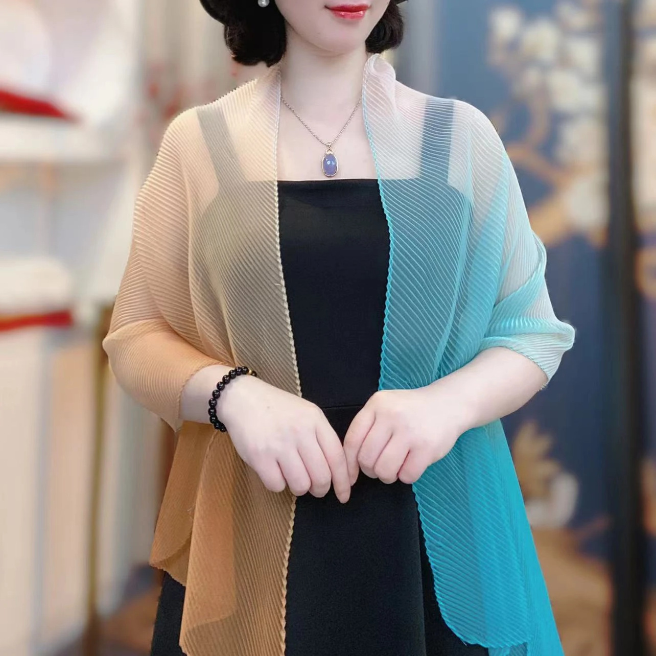 K655 Rainbow gradient pressure wrinkle scarf for women new irregular summer light and breathable neck protection air conditioning scarf shawl for two 