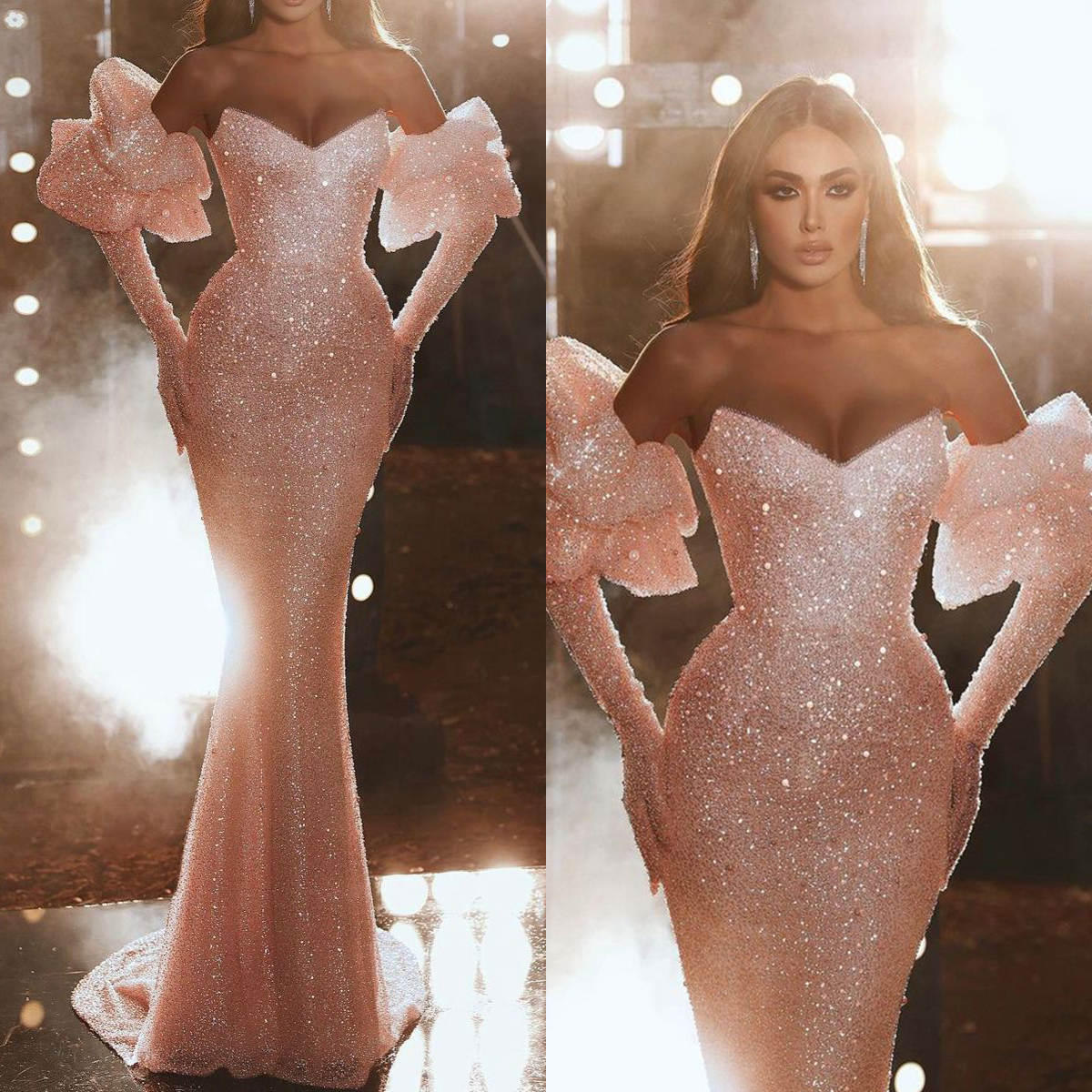 Sexy Sequined Evening Dresses Sweetheart Neck Mermaid Prom Dress Removable Sleeve Women Party Gowns Customized