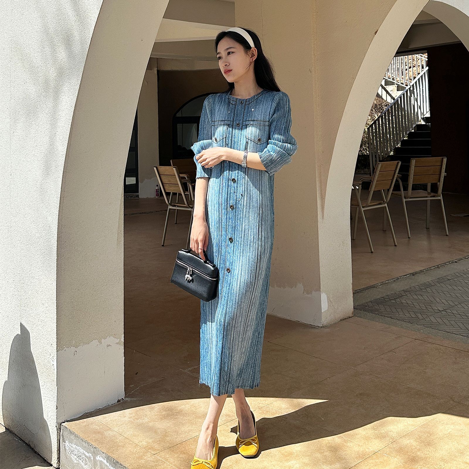 HX240 Pleated dress imitation denim retro straight long skirt plus size women's clothing cover the flesh and show thin vest skirt