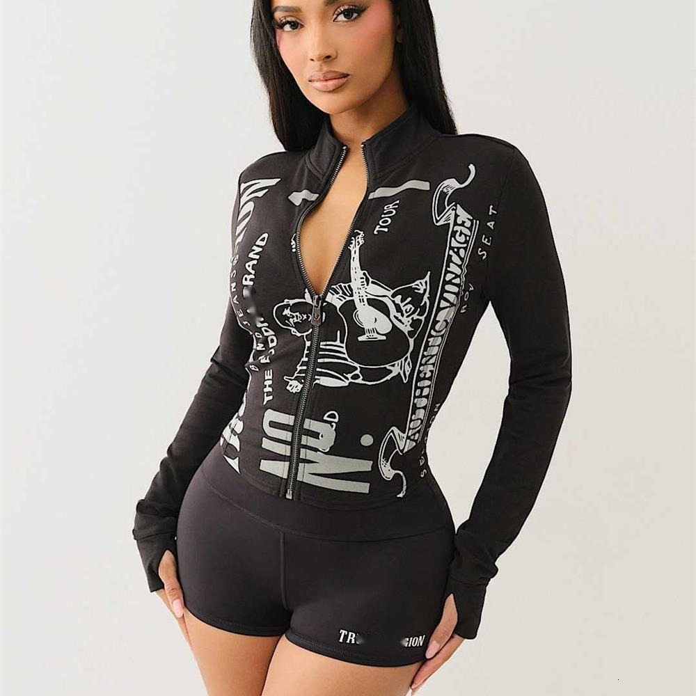 Fashion Womens Tracksuits Summer Two Piece Set Chest Printed Long Sleeve Zipper Neck Top Jacket And Slim Fit Shorts Casual Sports Track Suit