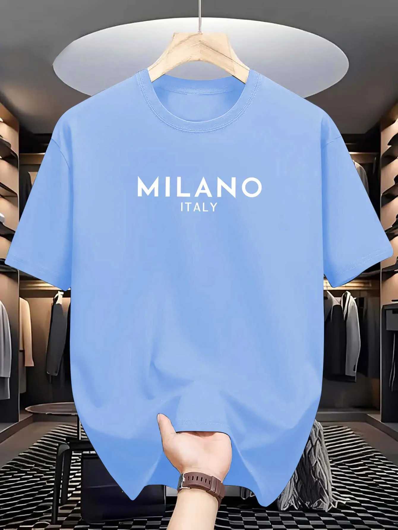 Summer mens 100% pure cotton casual loose and fashionable MILANO ITALY letter printed round neck short sleeved T-shirt topT250509