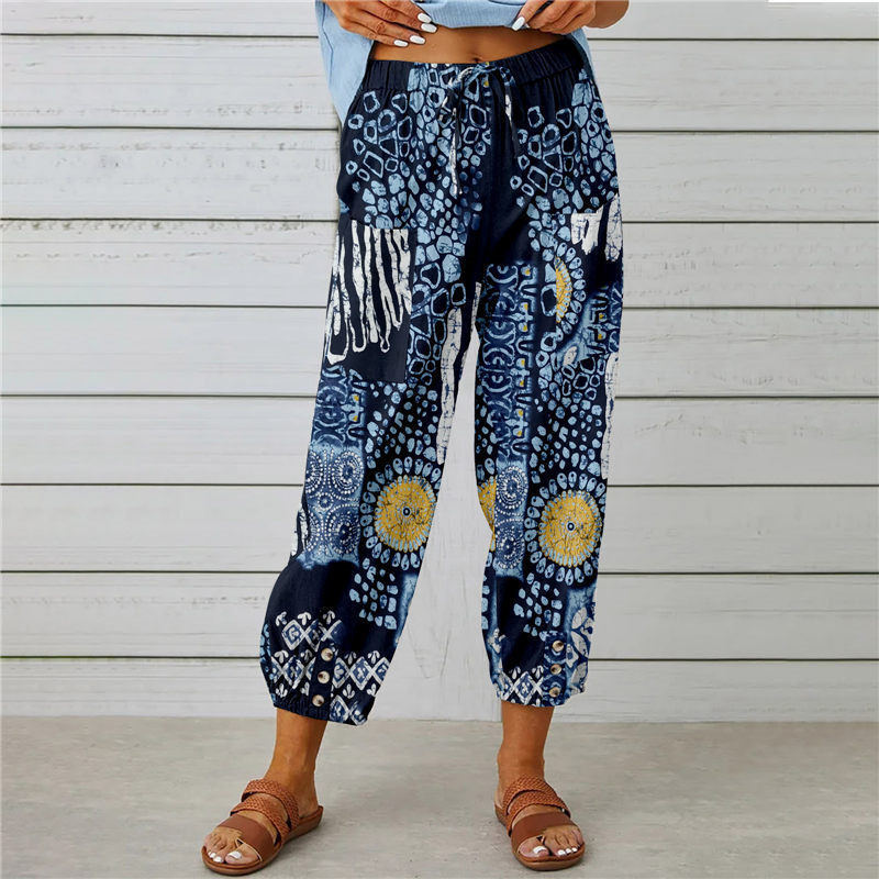 New cotton and linen female pants high waist draw rope nine minutes pants loose waist tie foot mouth vintage printed pants 2025s hot