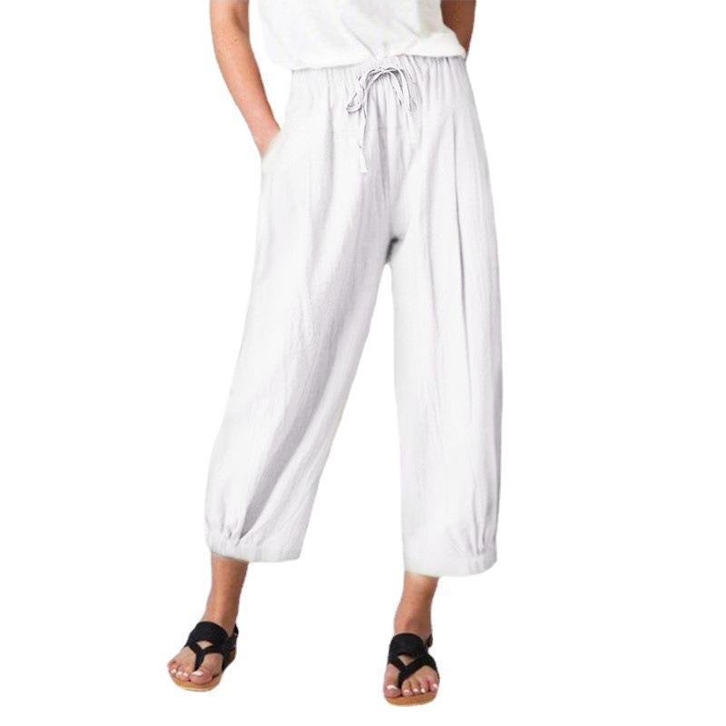 New cotton and linen pull rope nine points pants pocket casual pants ladies loose wide leg pants 2025