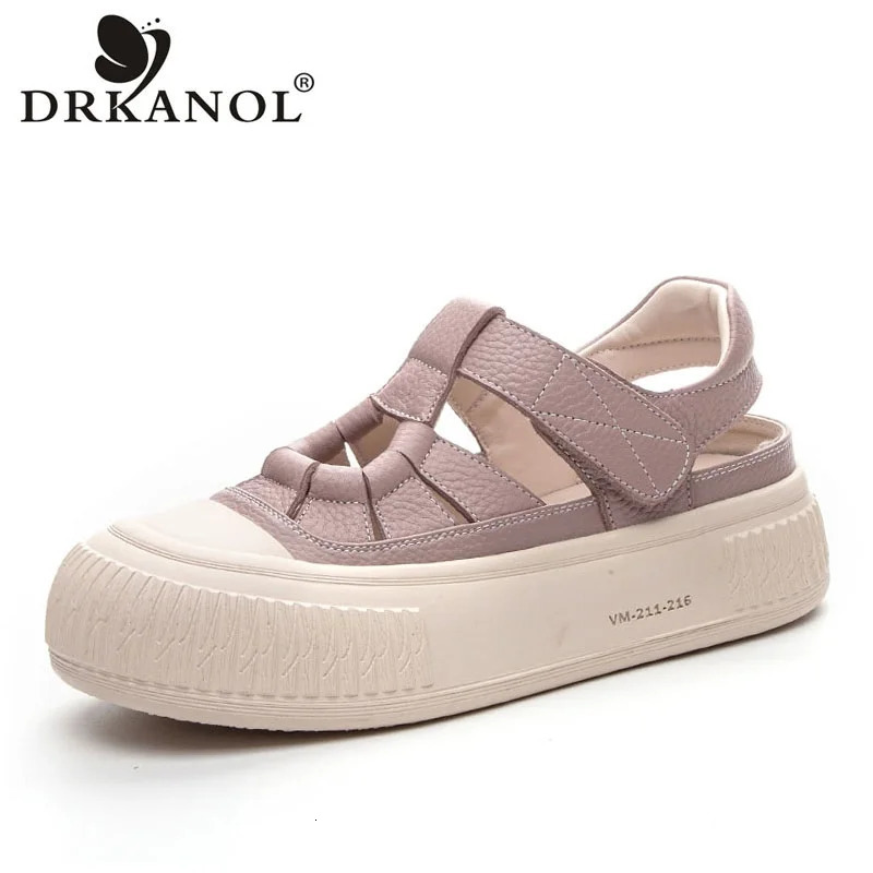 Drkanol 2025 Womens Sandals Summer Round Heel Strap Leather Short and Fat Platform Casual 250428