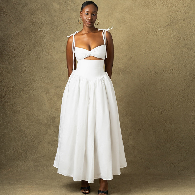 Fengins womens fashionable solid color dress with suspender off shoulder sleeveless skirt long skirt