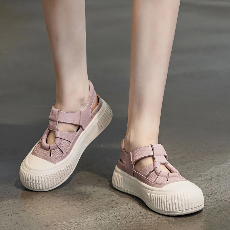 Drkanol 2025 Womens Sandals Summer Round Heel Strap Leather Short and Fat Platform Casual 250428