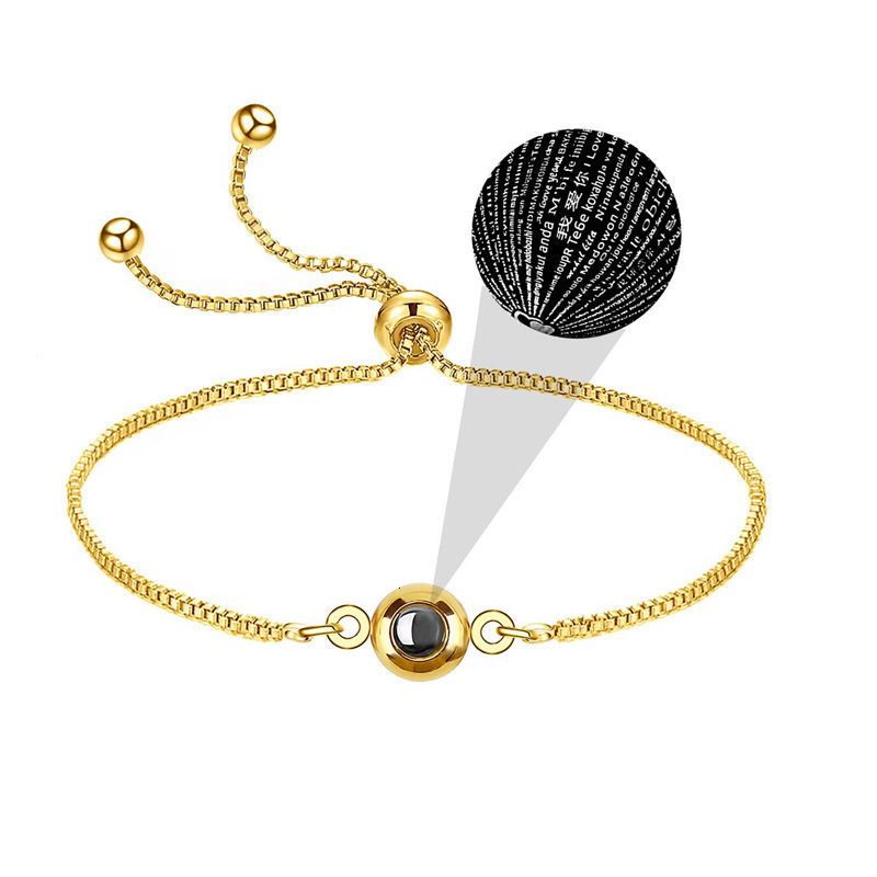 100 languages, I love you. Nano micro carved projection stone, circular stainless steel bracelet, customized text photo