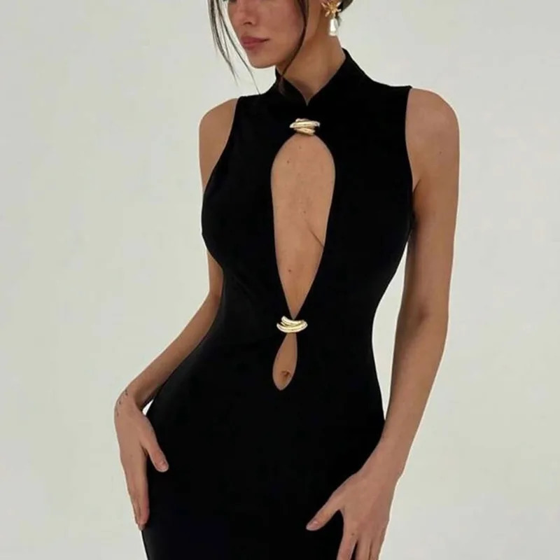 Talenza Black Hollow Out Mini Dress Sexy Sleeveless Tight High Waist Package Hip Dress Women Vintage Y2k Girls Party Dresses 250507