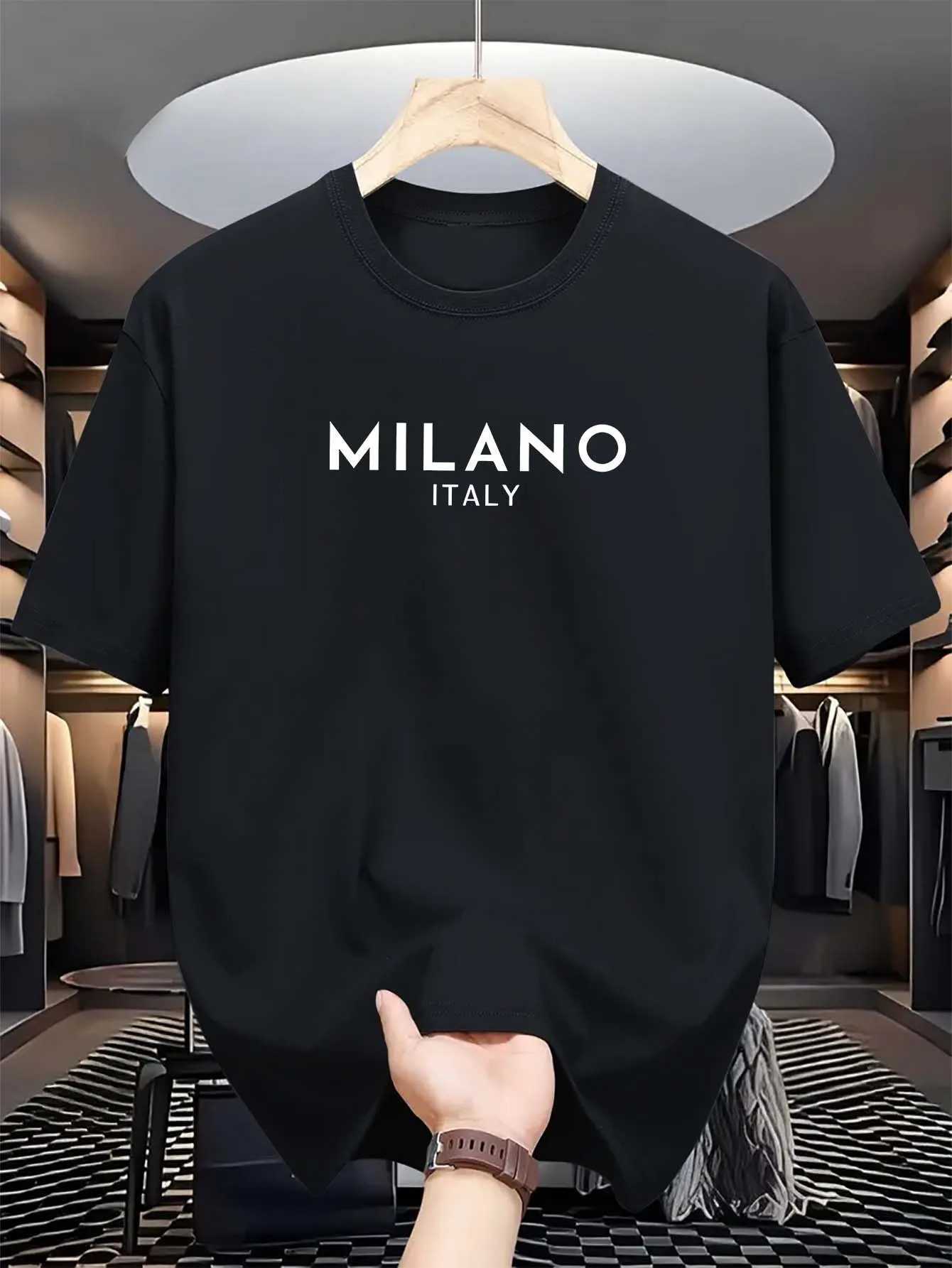 Summer mens 100% pure cotton casual loose and fashionable MILANO ITALY letter printed round neck short sleeved T-shirt topT250509