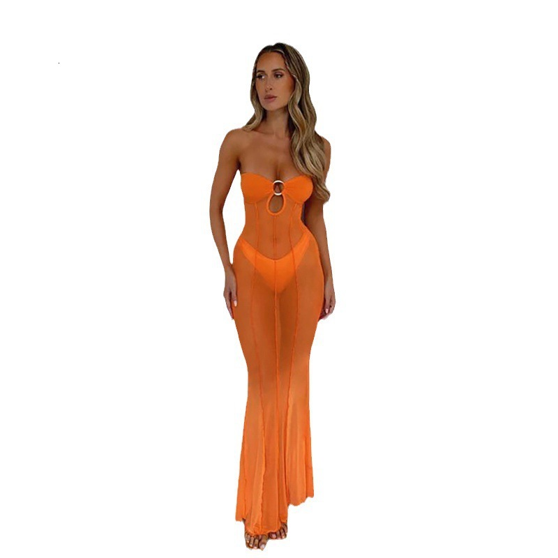 Fengqiu Winter New Womens Fashion One line Neck Hollow out Sexy Perspective Mesh Slim Fit Dress for Women
