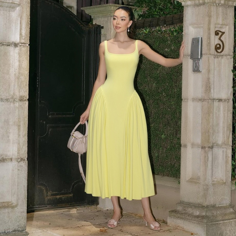 2025 Summer New long Dresses for Womens Clothing Elegant Temperament High Waist Slim Fit Solid Color Square Neck Suspender Dress