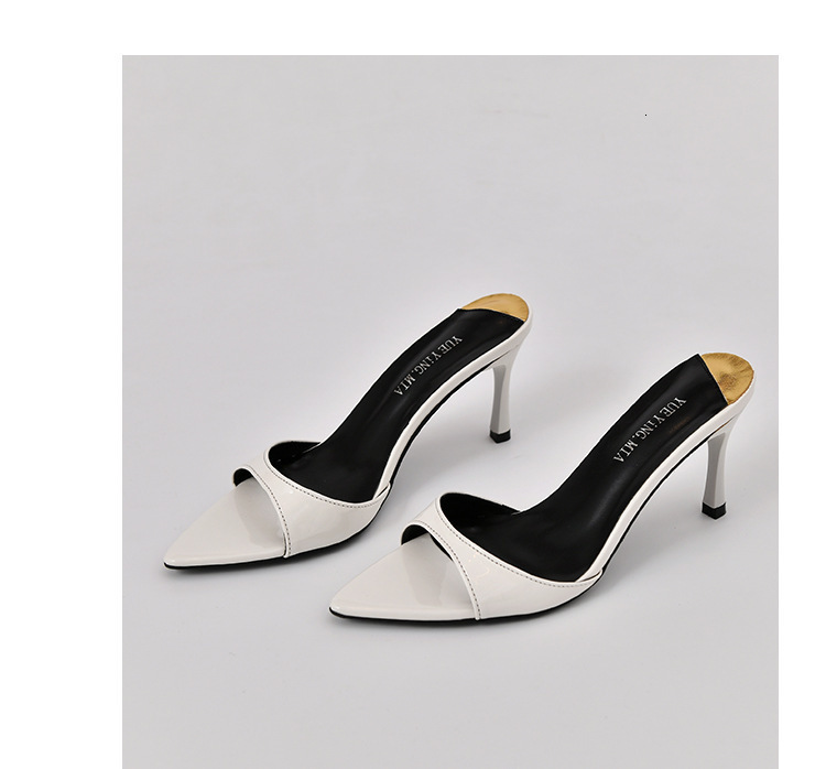 2025 Summer New Style One Word Solid Color Fashion Womens Large Pointed High Heel Slippers 250321