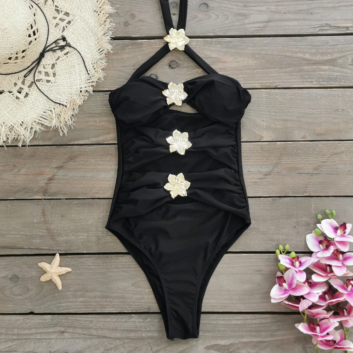 Solid color one-piece swimsuit for women 2025 short skirt two-piece set with hollowed out strapless swimsuit 250422