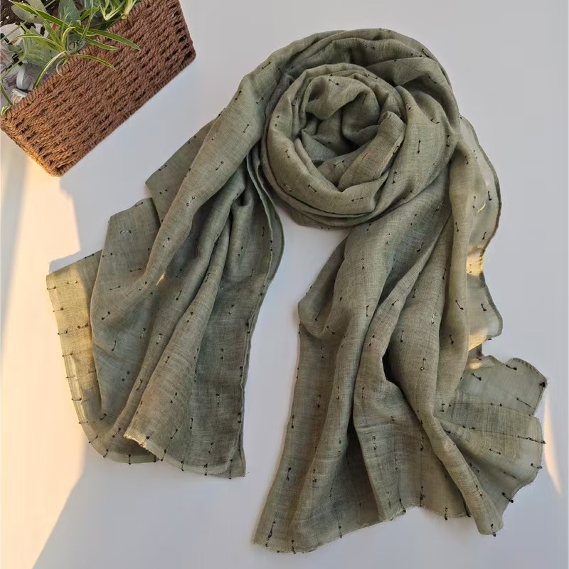 T656 autumn and winter new solid color positive and negative dot cut flower polyester cotton scarf men and women literary retro dirty dyed thin shawl 