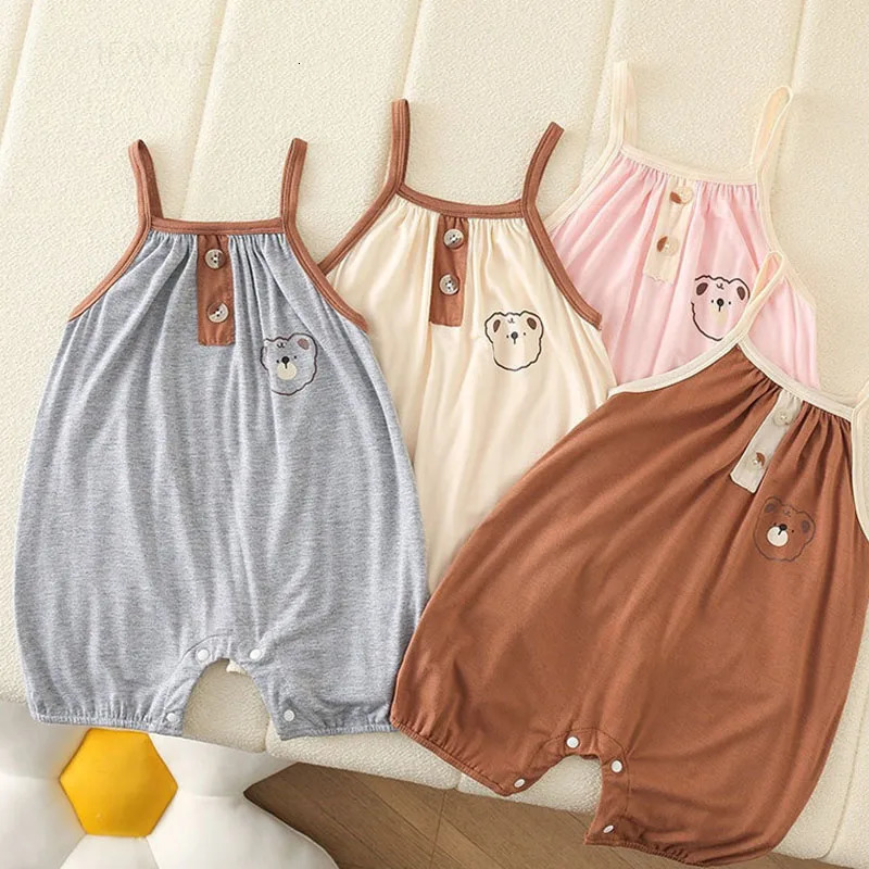 Summer Fashion Cute Baby Sling Double Button Vest Rompers Cartoon Bear Boy Girl Kids Crawling Clothes Soft Toddler Bodysuits 250508