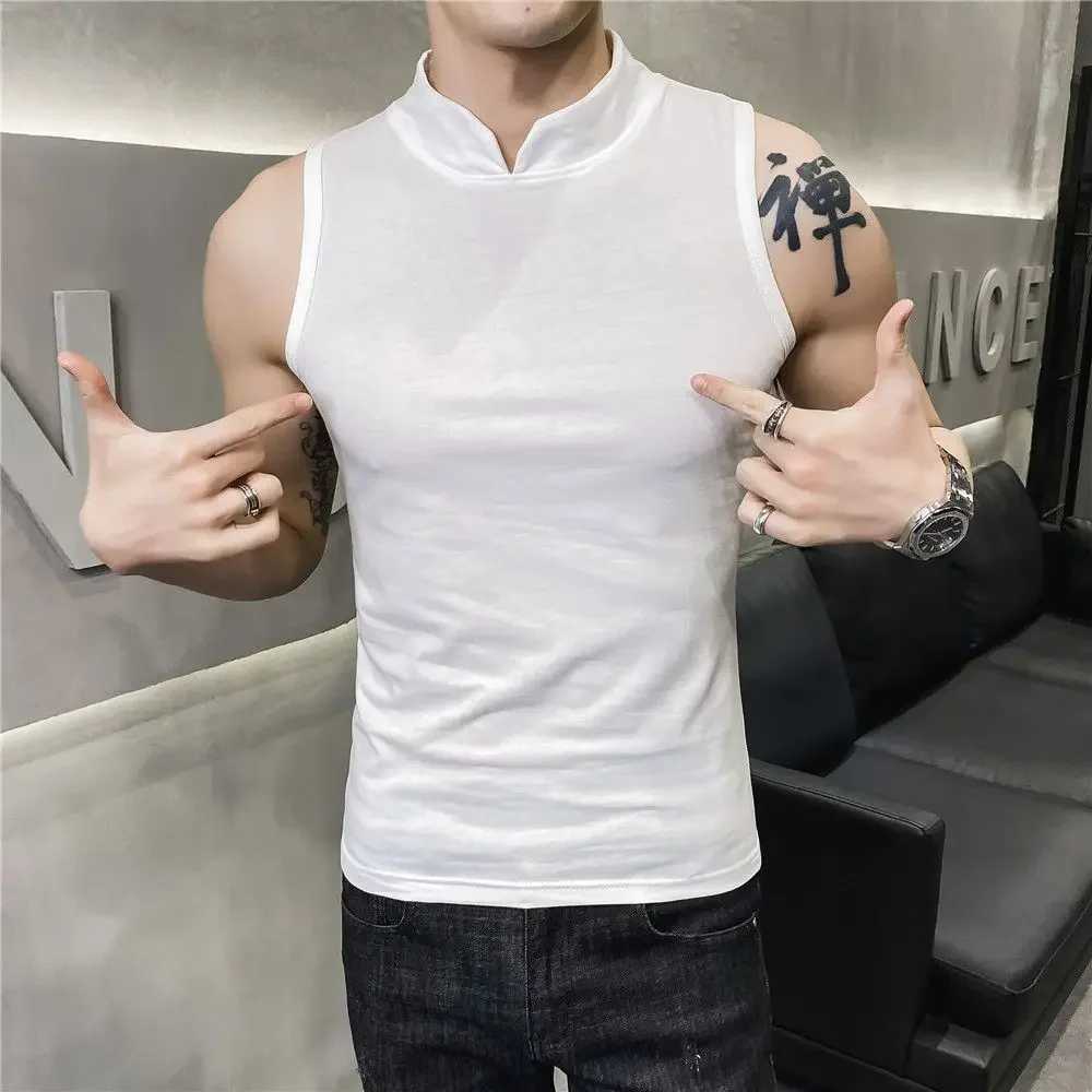 Mens Summer Sexy Vest Small High Collar Breathable Sports Fitness Bottom Undershirt Sexy Slim Fit Tight Sleeveless Top T-Shirt W250508