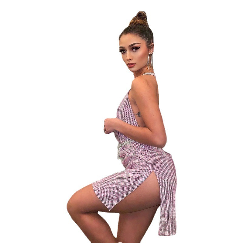 Feng 2023 Summer Womens New Sexy Backless Solid Slim Fit Split Dress for Women