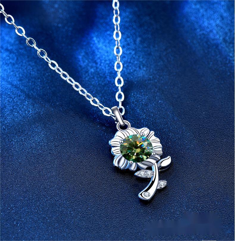 925 Sterling Silver Necklace Green Moissanite Sunflower Pendant Jewelry for Valentine's Day Gift