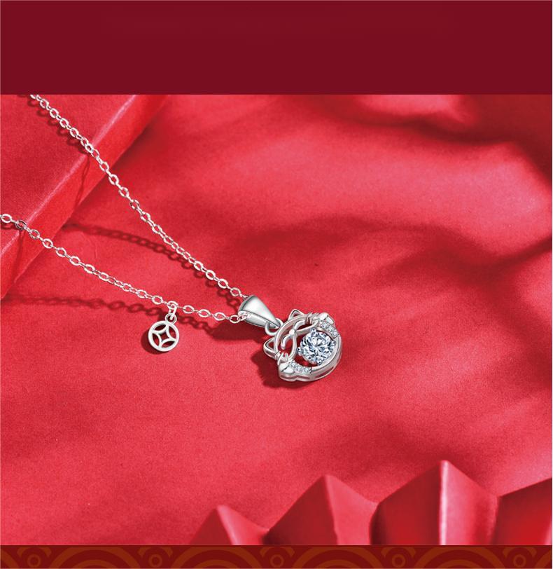 Chinese Style Necklace 925 Sterling Silver DIY Lucky Cat Moissanite Pendant