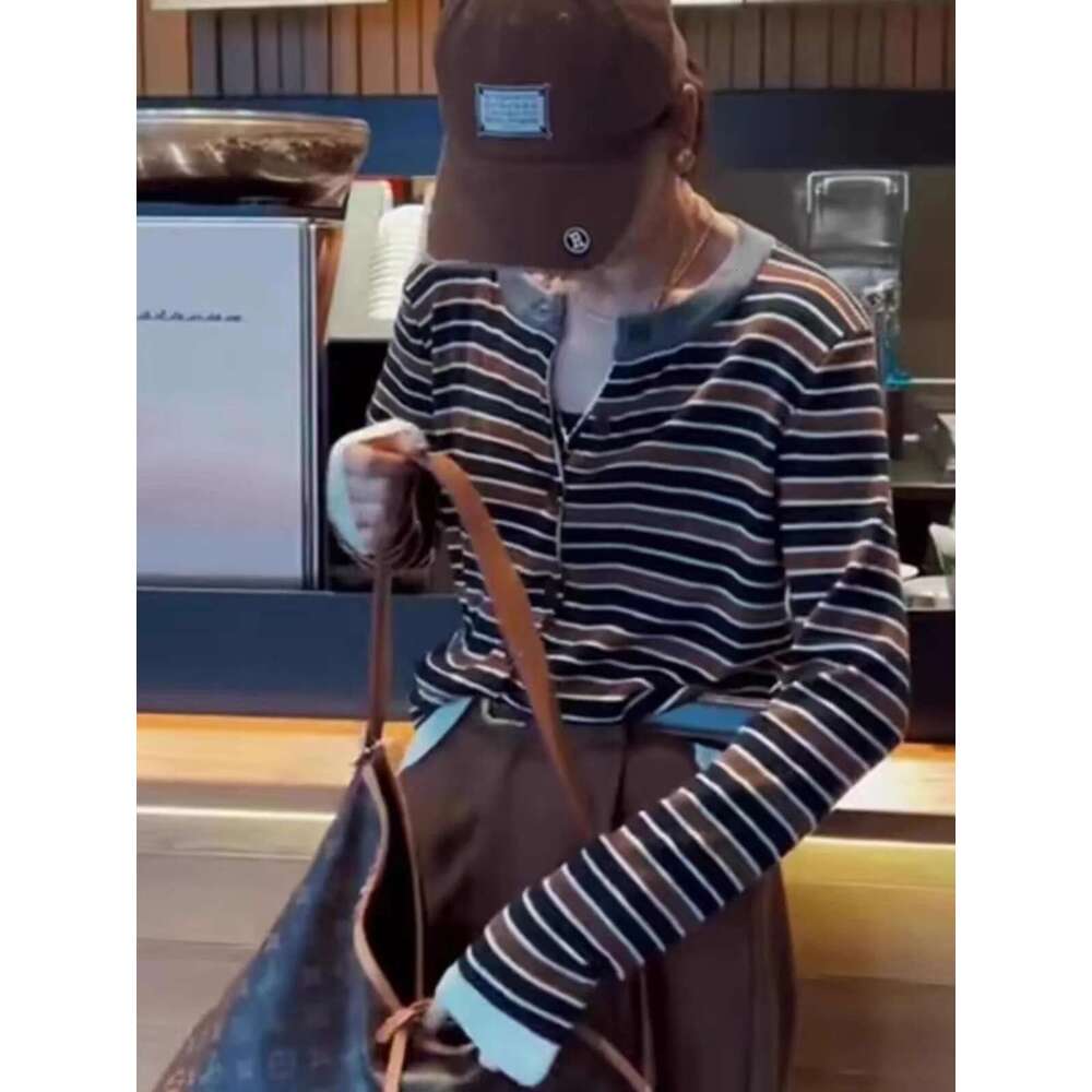 Striped 100% Cashmere Knit Cardigan Women's Spring And Autumn Lazy Loose Wool Casual Base Sweater