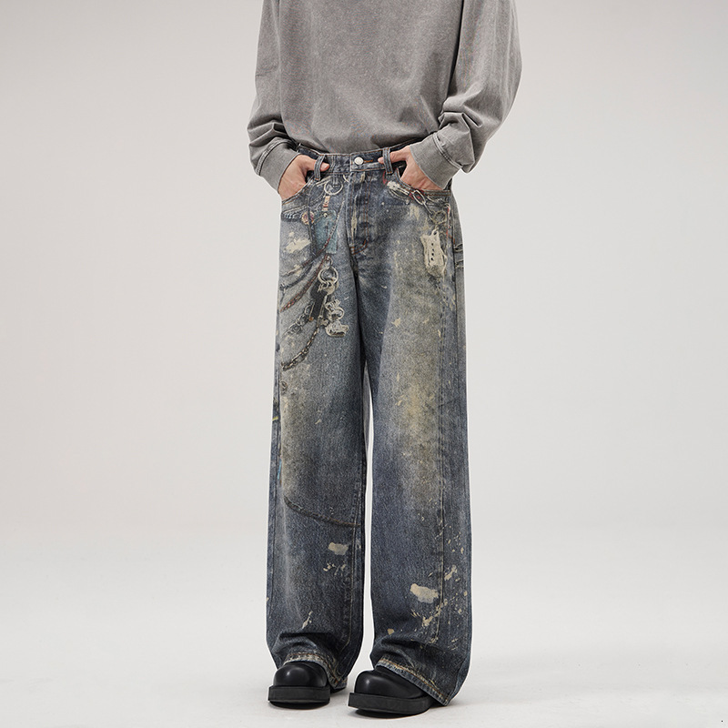 2025 New Digital Cut Printed AC Jeans Men's Trendy Brand Loose Wide Leg Straight Pants