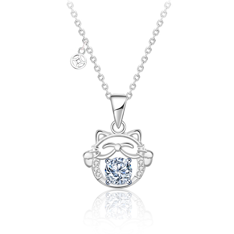 Chinese Style Necklace 925 Sterling Silver DIY Lucky Cat Moissanite Pendant