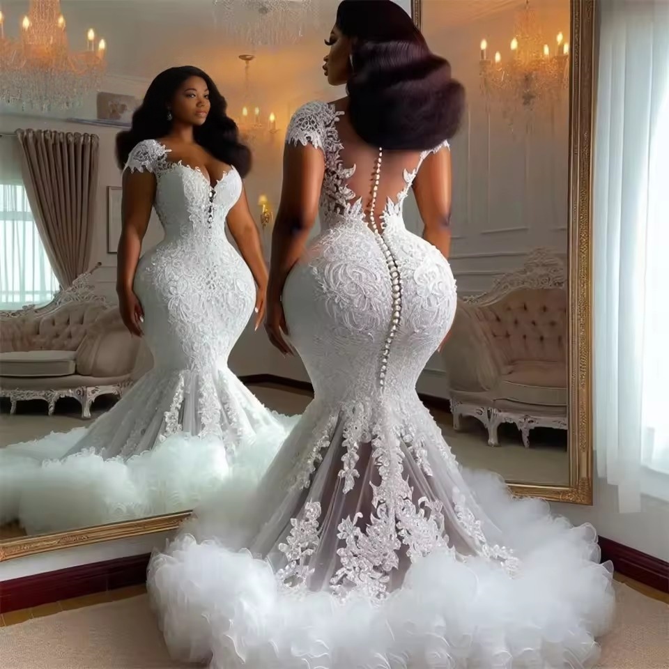 Sexy Button Back Tulle Ruched Train Aso Ebi Wedding Dresses Luxury 2025 Lace African Bridal Gowns vestidos novias boda Customized