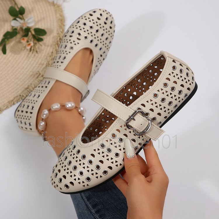 2025 free shipping loafers womens ballet flats heels Hollowed-out metal ring mary jane shoes shallow mouth round toe luxury shoes spring summer dress 