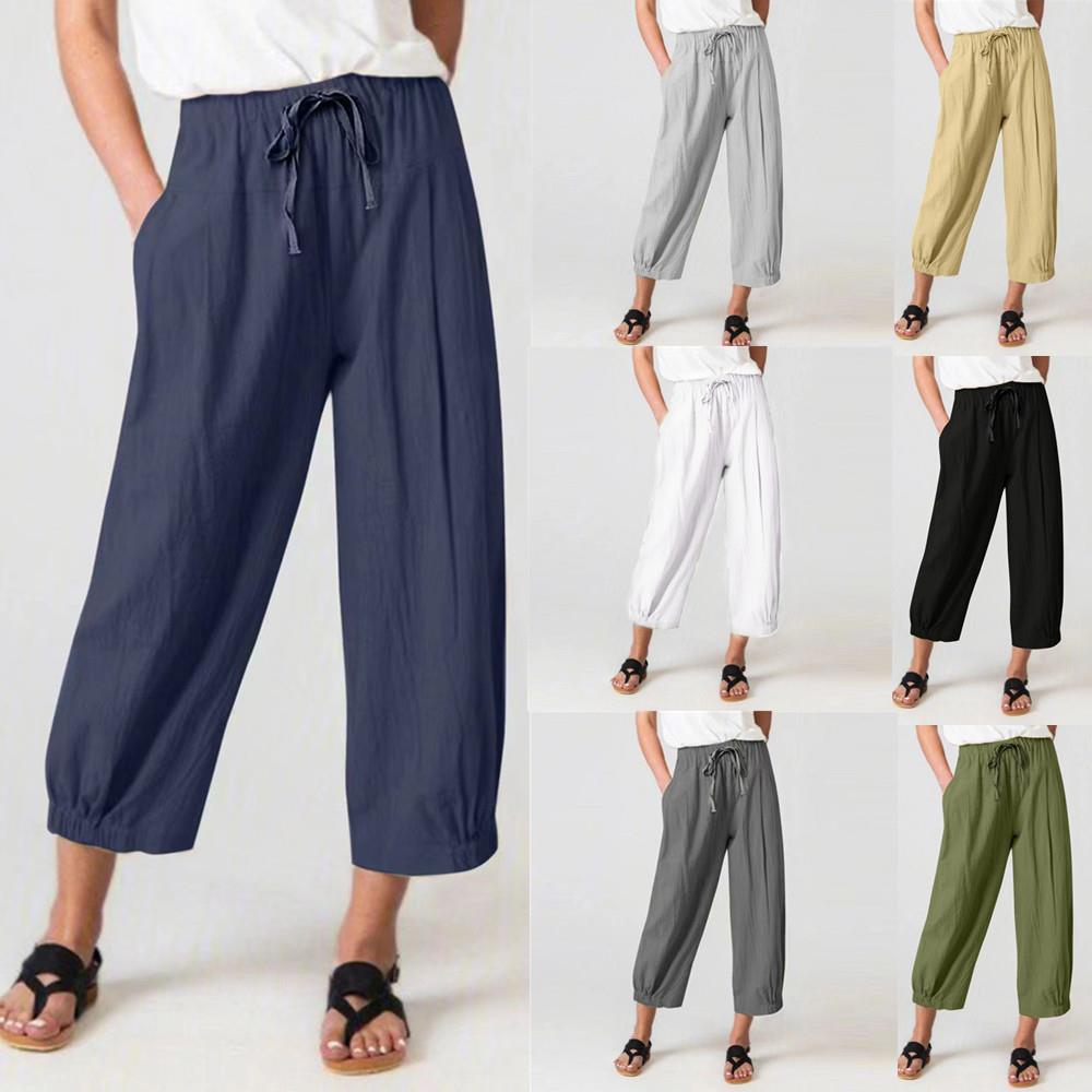 New cotton and linen pull rope nine points pants pocket casual pants ladies loose wide leg pants 2025s hot