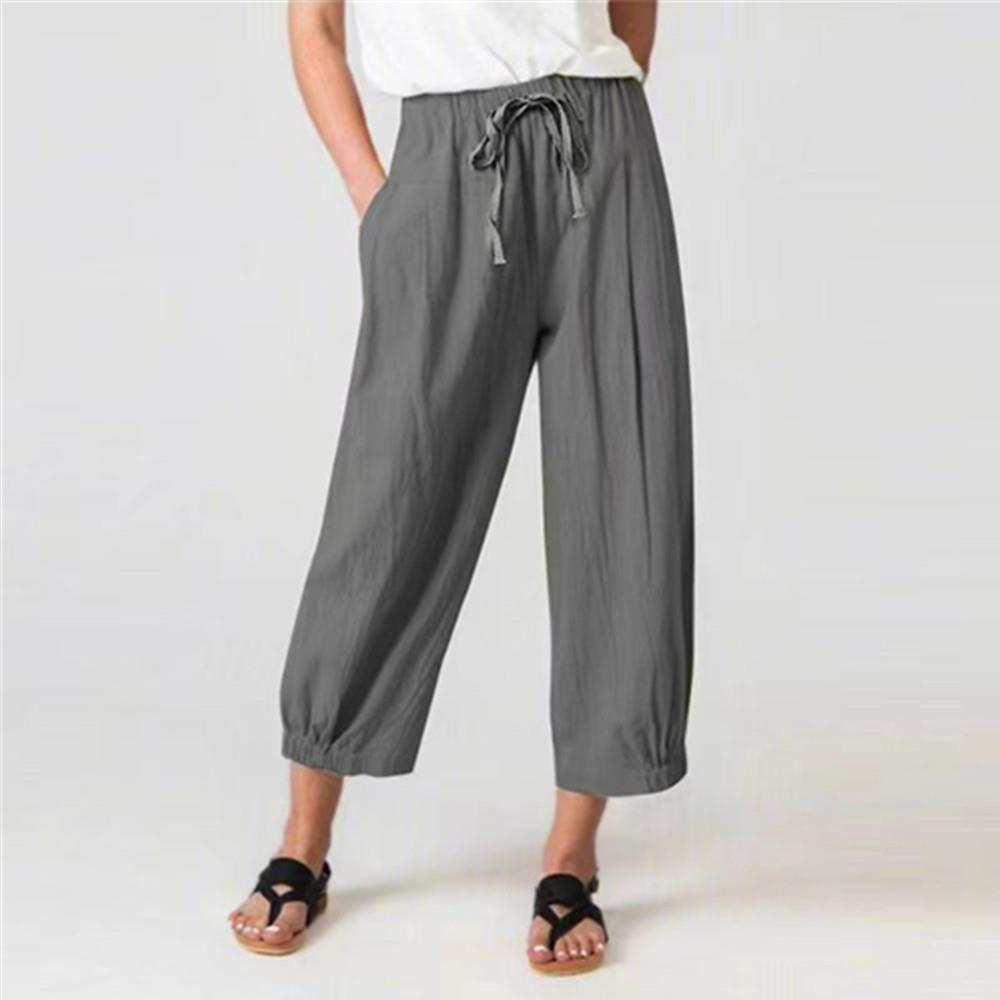 New cotton and linen pull rope nine points pants pocket casual pants ladies loose wide leg pants 2025