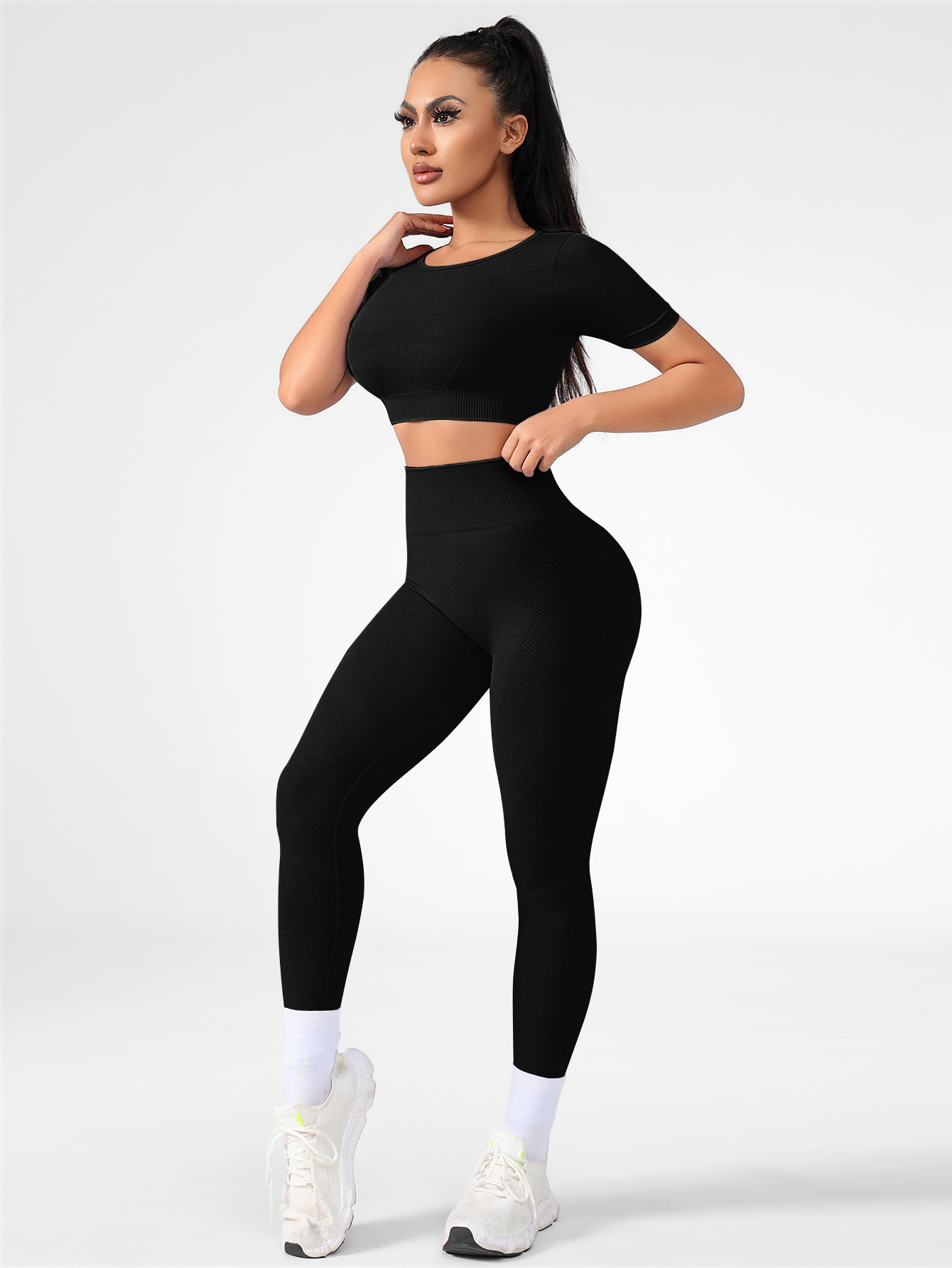 Spring and summer slimming set, short sleeved pants, women's fitness tight fitting sports running yoga set
